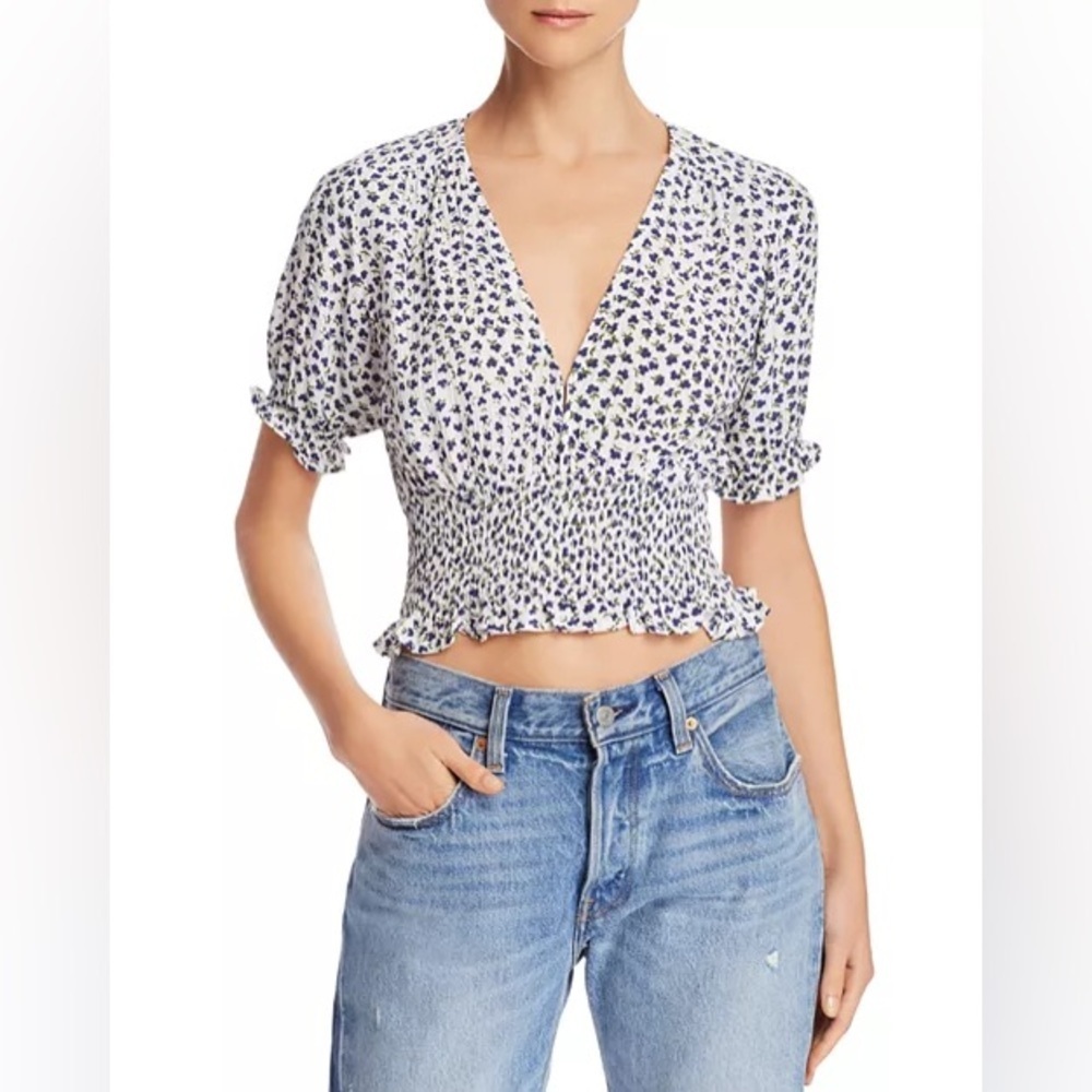 Faithfull the Brand Womens First Light Top Crop Smocked Med. Blue Floral Cottage
